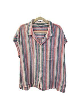 Orvis Striped Linen Blend Cap Sleeve Button Down Shirt Size XL